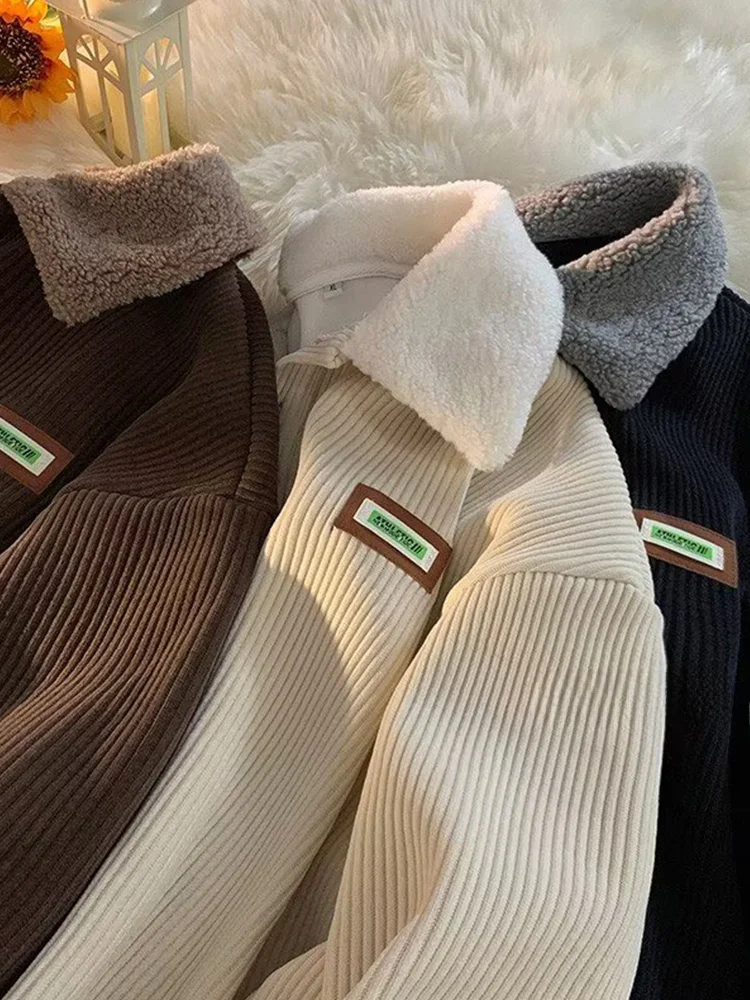 양털 벨벳 칼라 스웨트셔츠 남성용 가을 겨울 두꺼운 플리스 루즈핏 일본 스타일 레트로 다용도 코듀로이 탑 코트