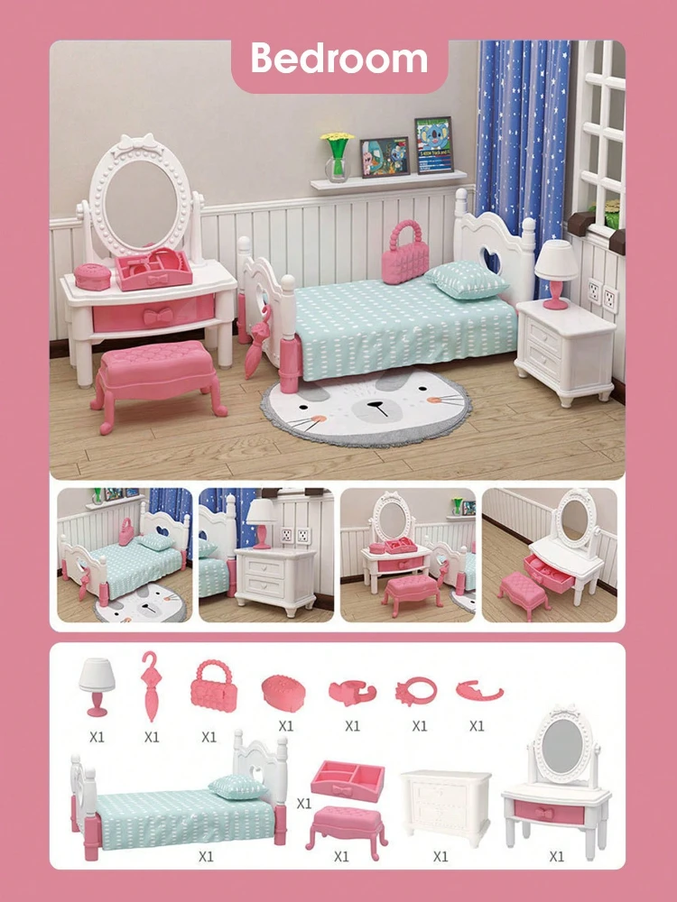 1:12 소형 가구 숲 가족 미니 침실 주방 욕실 거실 세트 극장 장난감 인형 집 액세서리 소녀