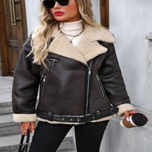 FTLZZ 겨울 여성 가짜 양고기 모피 가죽 자켓 캐주얼 레이디 두꺼운 따뜻한 코트 하이 스트리트 오토바이 아웃웨어