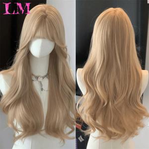 LM 곱슬 긴 물결 모양의 검은 금발 하이라이트 여성에게 적합한 푹신한 앞머리가 있는 합성 하이브리드 가발 매일 사용