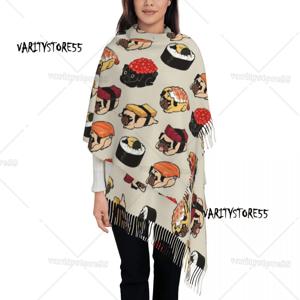 여성용 스시 퍼그 스카프, 겨울 가을 숄 랩, 일본 음식 대형 스카프, 태슬 데일리 웨어