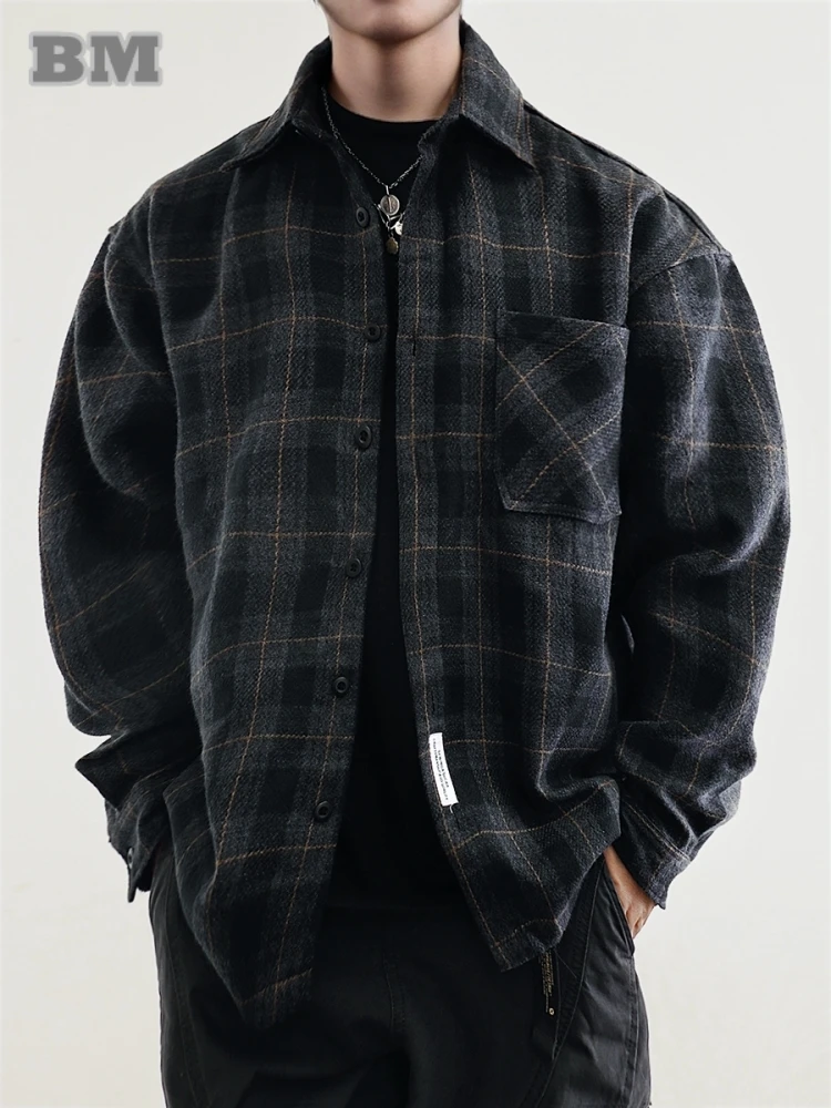 남성 플란넬 셔츠 아메리칸 빈티지 streetwear 두꺼운 격자 무늬 오버 사이즈 카고 긴 소매 루즈 피트 캐주얼 작업복 가을 겨울