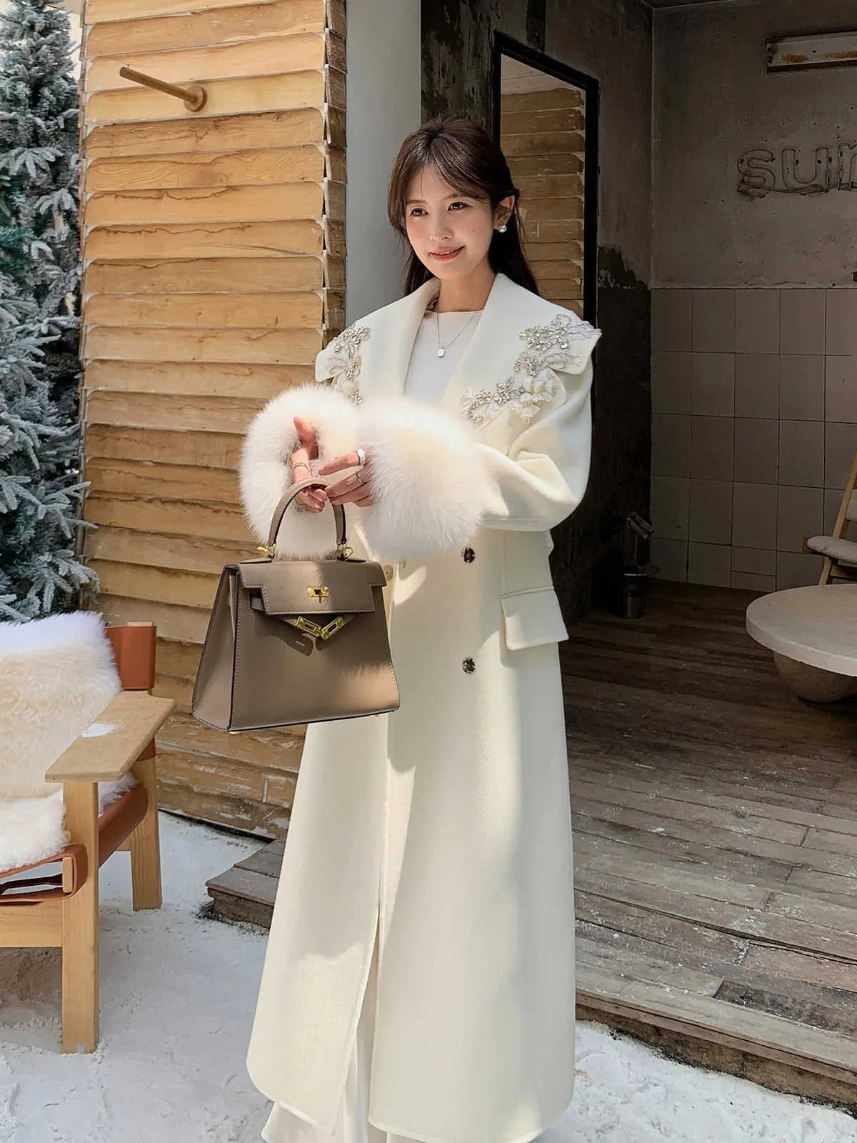 여우 모피 고급 비드 자수, 엑스트라 롱 양면 울 코트, 여성용 기질 모직 코트, 인기 판매