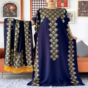 큰 스카프가 달린 아바야 원피스, 두바이 터키 카프탄 무슬림, 느슨한 아바야 여성 아프리카 캐주얼 맥시 골드 스탬핑 로브, 2024 파티