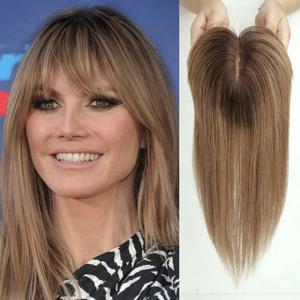 옹 브르 브라운 리얼 인간의 머리카락 토퍼 가발 (Bangs 포함) 실크베이스 클립 조각 여성용 헤어 익스텐션 용 14 인치 스트레이트 토퍼 헤어