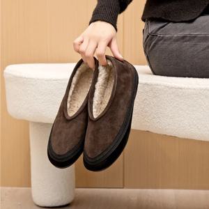 AIYUQI 겨울 플랫 슈즈 여성용 2025 신상 퍼 안감 따뜻한 여성용 스노우 슈즈 천연 가죽 편안한 여성 겨울 발레 슈즈