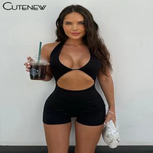 Cutenew 여성용 솔리드 플레이수트, 캐주얼 민소매, 고탄성 스포티 롬퍼, 스키니 홀터, 여성 기본 의류, 새로운 2023