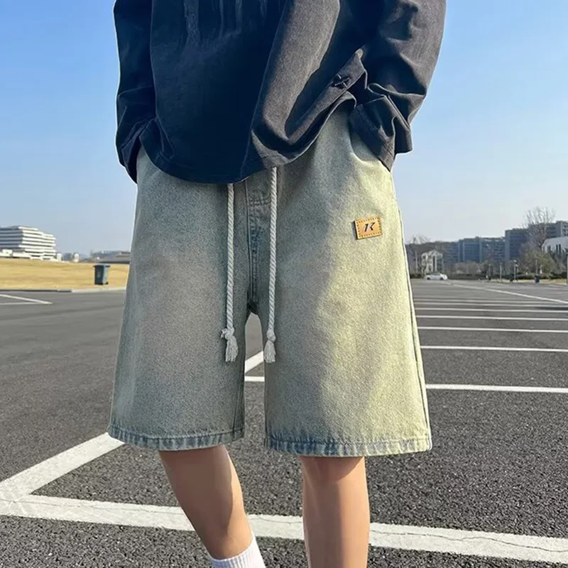 남성 기본 느슨한 야외 스포츠 캐주얼 반바지 남성 데일리 무릎 길이 데님 짧은 바지 스트레이트 와이드 레그 워시 여름 짧은 청바지