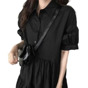 여름 신상 플러스 사이즈 레트로 블랙 드레스 여성용 루즈핏 살보정 반팔 드레스 폴로 칼라 하이웨이스트 A라인 스커트