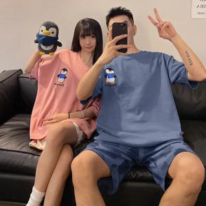펭귄 만화 커플을위한 귀여운 잠옷 여름 여성과 남성 짧은 소매 잠옷 세트 빅 사이즈 M-3XL pijama mujer