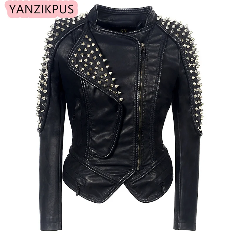 Steampunk Rock 리벳 여성용 가죽 자켓 슬림 짧은 streetwear 고딕 자수 pu 가죽 기관차 코트 femme