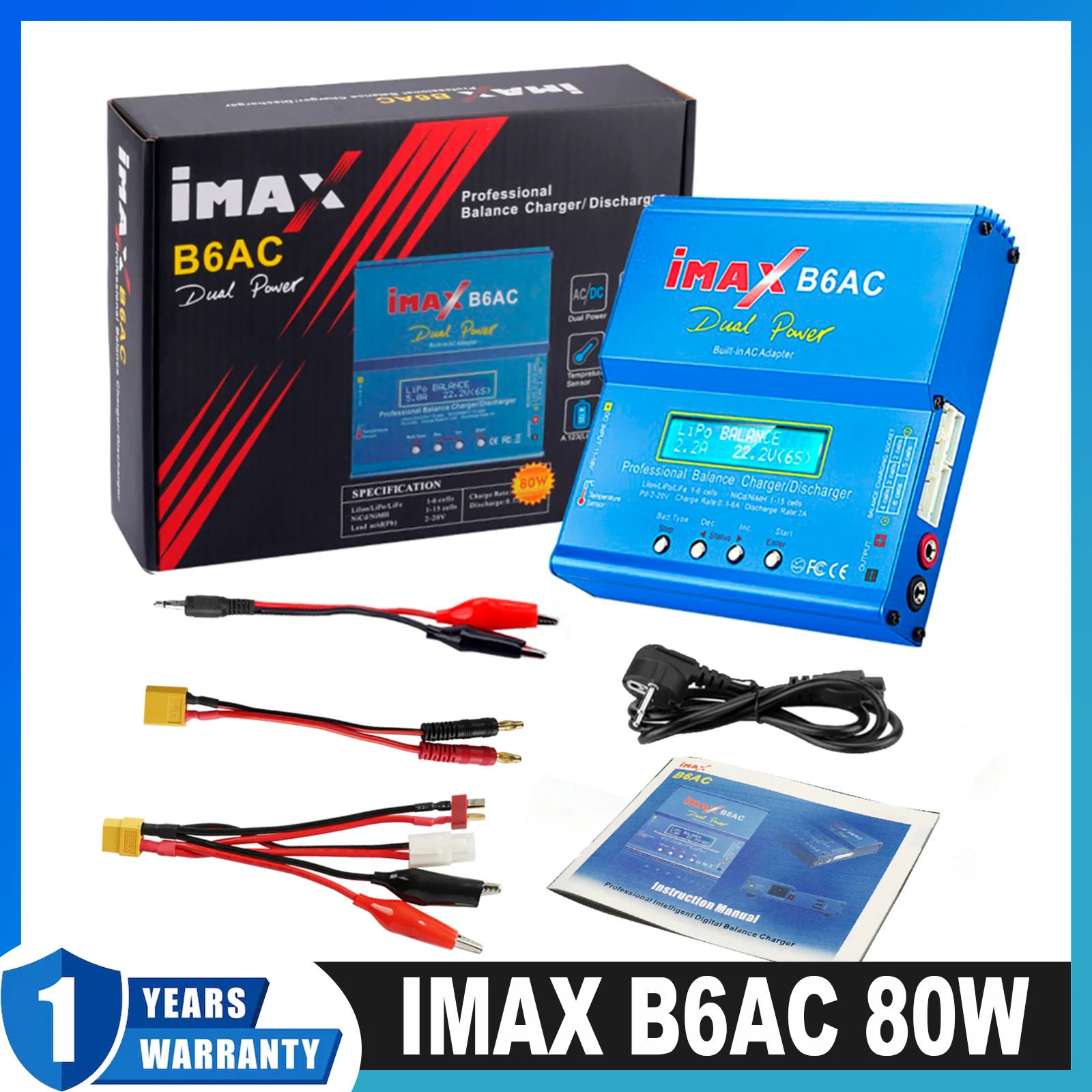 IMAX B6 AC RC 배터리 충전기, 80W B6AC 6A 밸런스 충전기, 디지털 LCD 화면 리튬 이온 LiFe Nimh Nicd PB Lipo 배터리 방전기