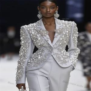 럭셔리 반짝 이는 여성 정장 세트 2 조각 진주 블레이저 + 바지 바지 공식 오피스 자켓 코튼 맞춤형 웨딩 턱시도 코트