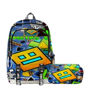 기하학 대시 게임 인쇄 된 더블 레이어 연필 케이스 배낭 용 2 피스 세트 애니메이션 하라주쿠 만화 대용량 배낭