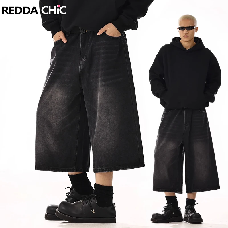 REDDACHiC 플러스 사이즈 남성 청바지 Jorts Black Whiskers Cleanfit 와이드 레그 캐주얼 짧은 바지 힙합 스케이터 레트로 여름 옷