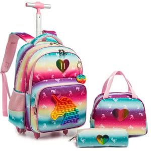 어린이 Schoolbag 3pcs 세트 바퀴 트롤리 가방 점심 가방 학교 롤링 배낭 세트 소녀를위한 학교 바퀴 달린 배낭