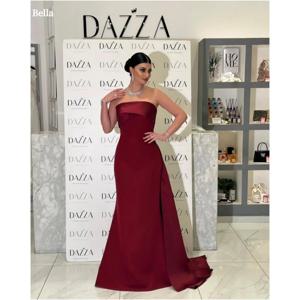 벨라 맞춤형 레드 머메이드 4 방향 스트레치 로브 드 야회 끈이 없는 이브닝 드레스 바닥 길이 민소매 웨딩 드레스