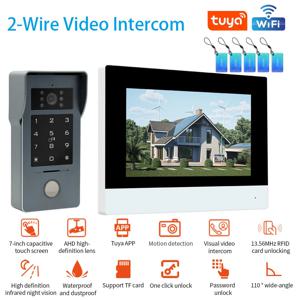 2선식 투야 와이파이 7/10인치 비디오 인터콤 키트 스마트 홈 비디오 도어폰 시스템 1080P 유선 도어벨 카메라 풀 터치 모니터