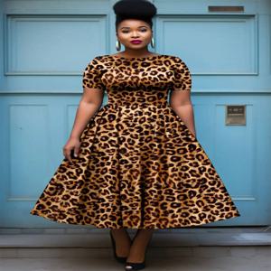 여성 플러스 사이즈 레오파드 프린트 드레스 라운드 넥 짧은 소매 a 라인 Pleated 우아한 빈티지 하이 스트리트 이브닝 드레스 2025