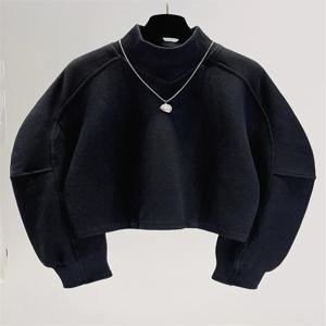 한국 스타일 하이 칼라 두꺼운 루즈핏 스웨트 겨울 아우터 짧은 코트 여성 패션 캐주얼 폴리 에스터 코튼 블렌드