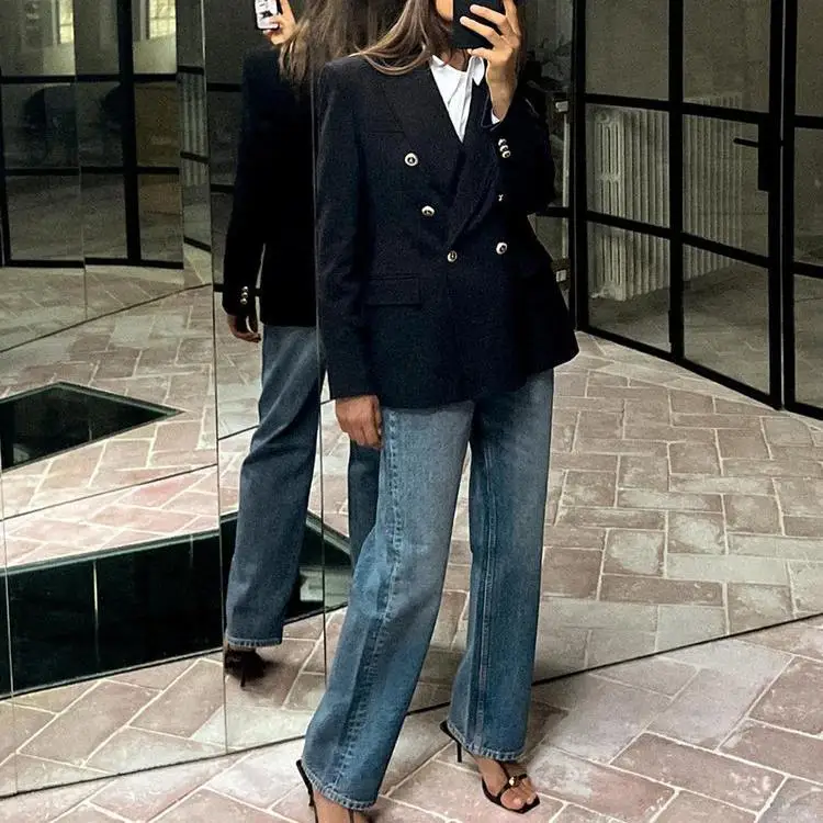 봄 신상 여성 맞춤형 긴 소매 출퇴근 캐주얼 수트 재킷 더블 버튼 슬림 핏 우아한 다용도 스타일