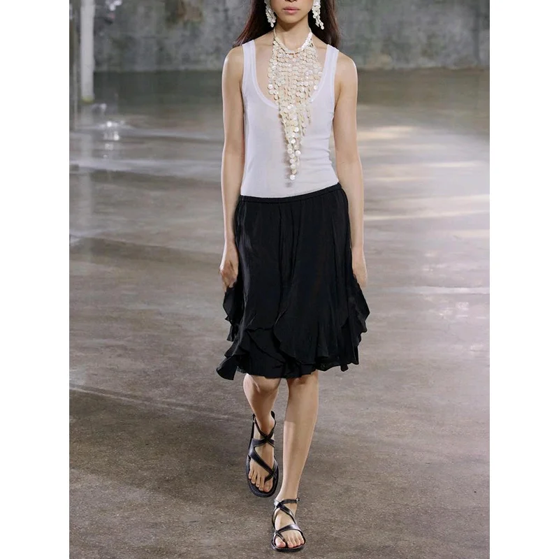 하이웨이스트 비대칭 밑단 휴가 스타일 짧은 치마 여성 여름 패션 레이어드 장식 출퇴근 친화적 폴리에스터 스커트
