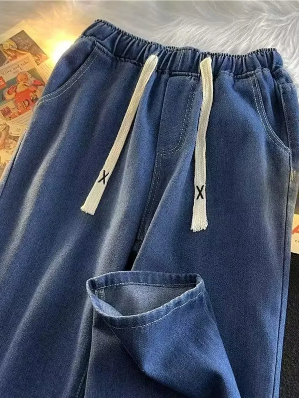 캐주얼 와이드 레그 스트레이트 진 남성 스타일 홍콩 트렌드 루즈핏 롱 팬츠 청년 인기 가을 시즌 캐주얼 진