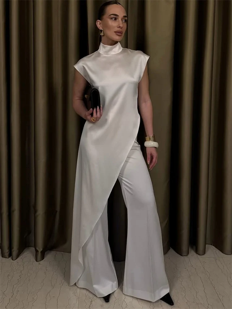 토시 캐주얼 슬리브리스 새틴 맥시 드레스 여성 터틀넥 패치워크 슬림 패션 솔리드 출퇴근 드레스 여성 롱 드레스 2025