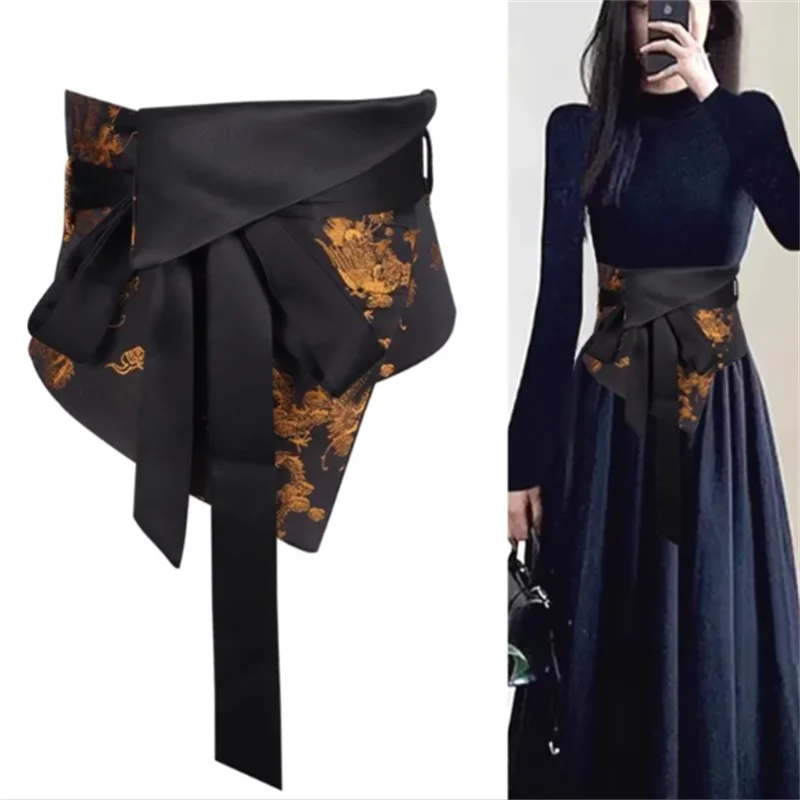 여성용 허리 씰 와이드 벨트 블랙 장식 하이 엔드 센세이션 셔츠 겉옷 트라이앵글 스카프 허리 신치 와이드 허리띠