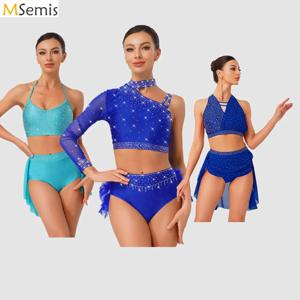 여자 서정적 발레 댄스 복장 반짝이 라인 석 체조 예술적 피겨 스케이팅 의상 캐미솔 탑 하이 웨이스트 반바지