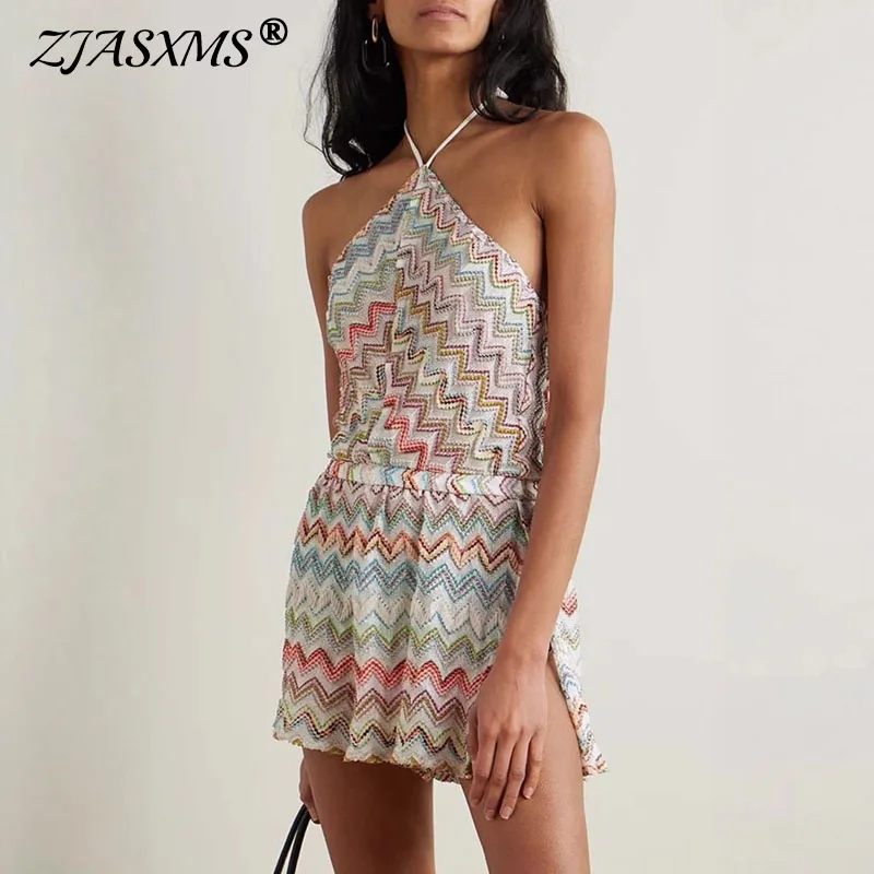 보헤미안 섹시 오프숄더 슬릿 숏 점프수트 여성 봄 스트라이프 프린트 홀터 플레이수트 롬퍼 홀터 백리스 여름 오버올