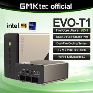 GMKtec AI 미니 PC EVO-T1 인텔 코어 울트라 9 285H 윈도우11 프로 M.2 SSD Wifi6 BT5.2 64GB LPDDR5 1TB SSD PCIe4.0 게이밍 컴퓨터
