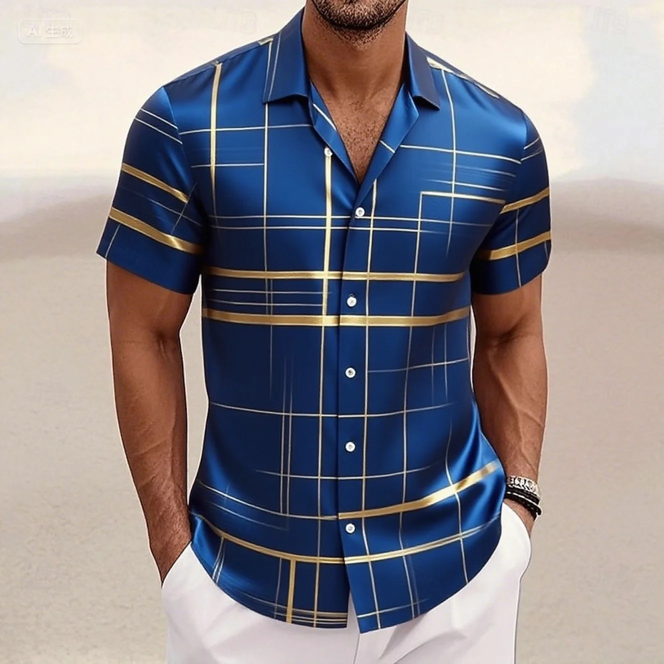 남성용 기하학 그리드/격자 무늬 셔츠 버튼 다운 셔츠 반팔 패션 캐주얼 리조트 streetwear 여름 옷깃 3d 프린트 셔츠