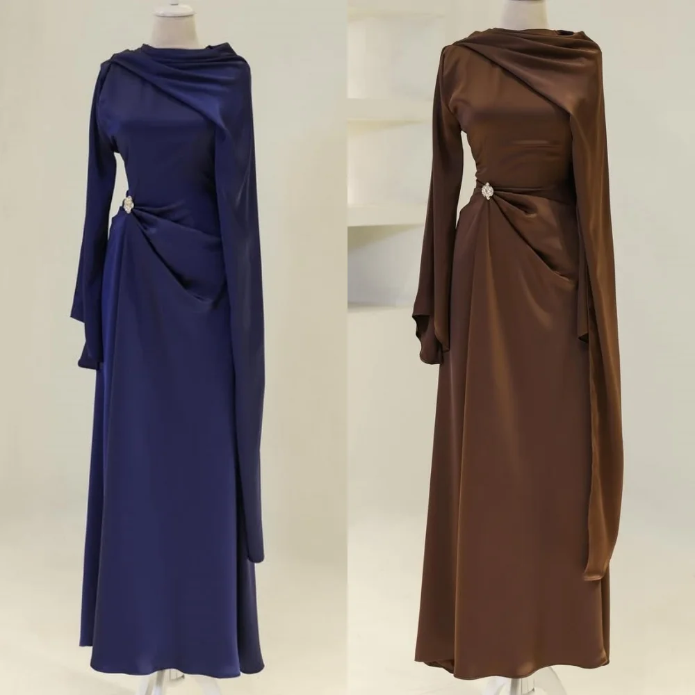 맞춤형 현대 스타일 우아한 쉬폰 라인 석 주름 스트레이트 스쿠프 넥 롱 드레스 맞춤형 행사 드레스 클래식 레트로