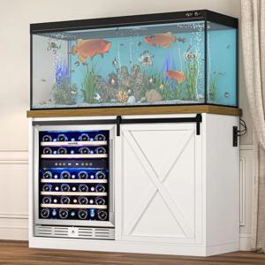 49인치 커피 바 캐비닛 - 냉장고 공간, 전원 콘센트 및 슬라이딩 도어가 있는 농가 와인 랙