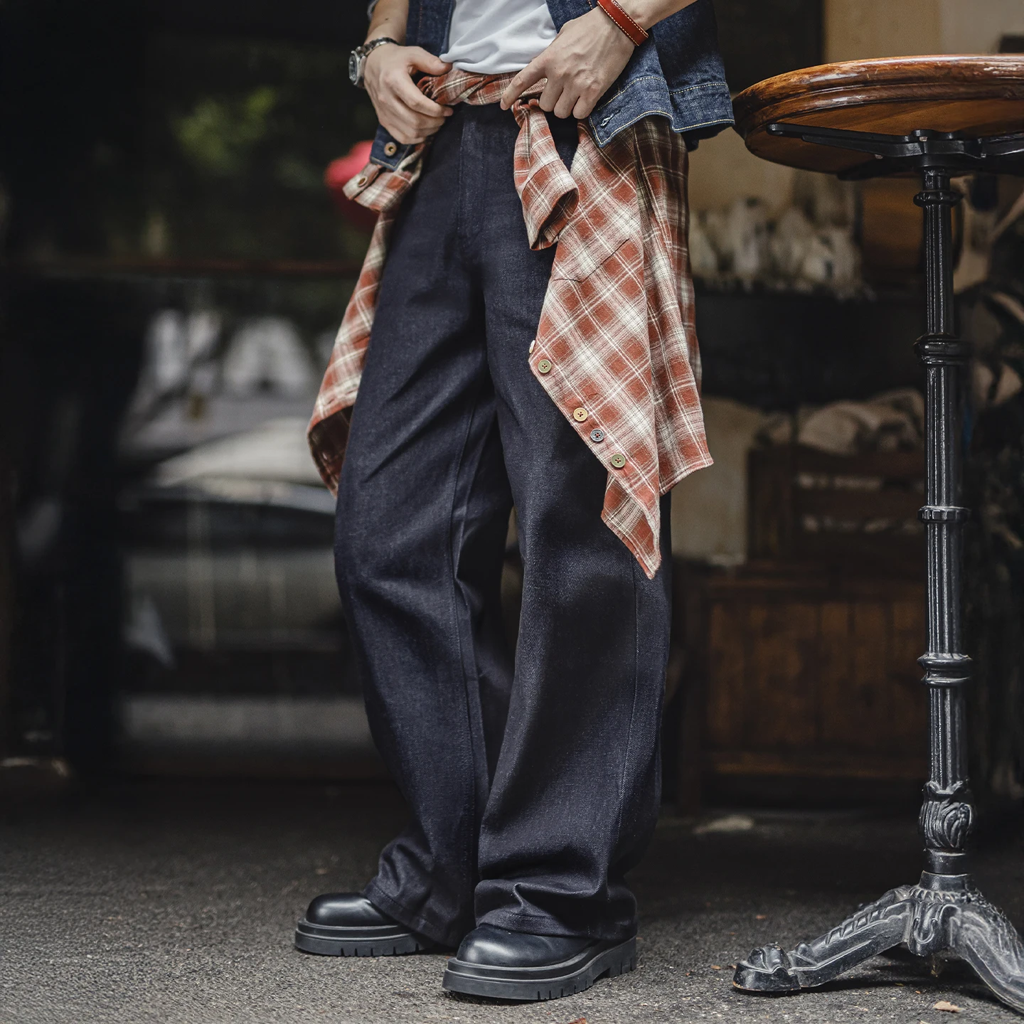 마덴 빈티지 15.6온스 셀비지 로우 데님 진 헤비웨이트 블루 루즈핏 와이드 레그 진 지퍼 플라이 코튼 트라우저 포켓 포함