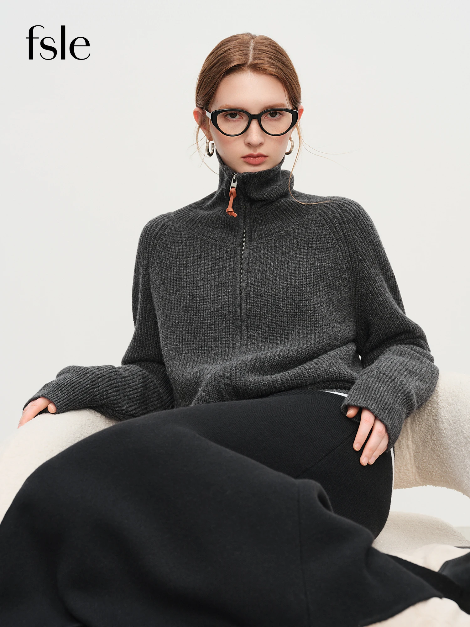 FSLE 가을 스웨터 여성 루즈핏 울 혼방 니트 가디건 가을 겨울 2025 신상 지퍼 프론트 아우터웨어 캐주얼 탑