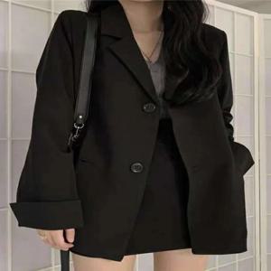 플러스 사이즈 블랙 수트 재킷 여성 캐주얼 루즈 커버업 탑 한국 스타일 가을 신상 폴리에스터 섬유 하이웨이스트