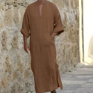 무슬림 긴 소매 면 린넨 아랍 청년 민족 의상 남성용 긴 로브 캐주얼 여름 패션 의류