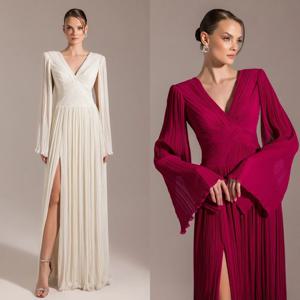 맞춤형 절묘한 복고풍 시폰 크리스크로스 드레이프 플리츠 A라인 V넥 롱 드레스 맞춤형 행사 드레스 패션 우아함