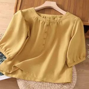 여름 신상 빈티지 컬러 직조 린넨 코튼 린넨 루즈핏 단색 라운드넥 아티스틱 셔츠 포켓 손수건 포함 다용도