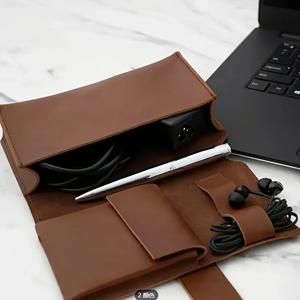 1개 PU 가죽 기술 정리 케이스, 다중 수납칸 케이블 및 충전기 보관, 휴대용 여행 액세서리 파우치 펜용