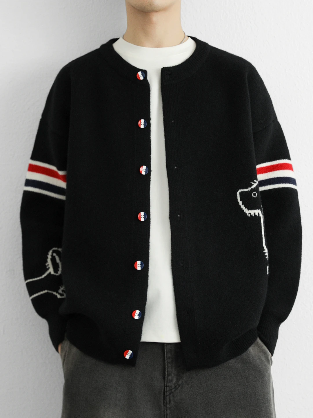 남성용 긴팔 라운드넥 니트웨어 봄 가을 캐주얼 스타일 컬러 블록 기본 셔츠 학생 캠퍼스웨어 유기농 면