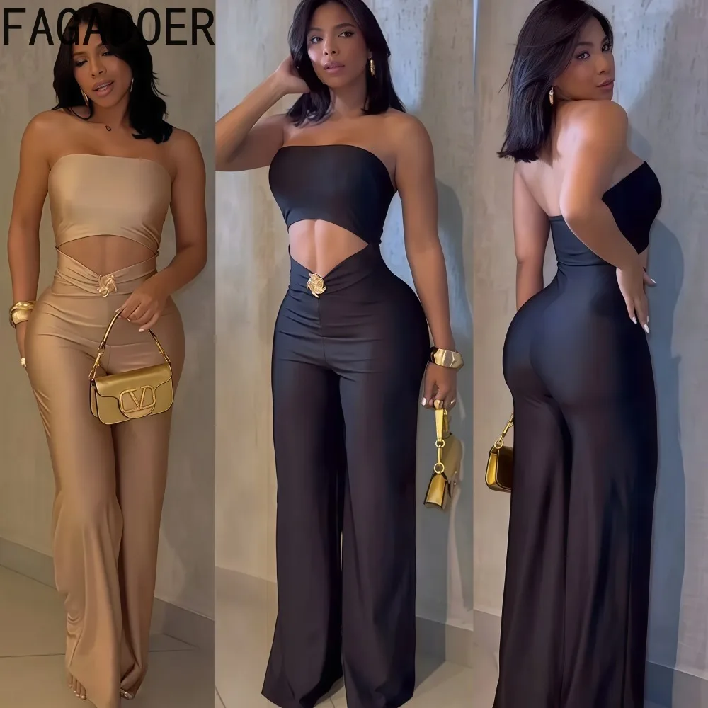 FAGADOER 섹시한 홀로우 아웃 바디콘 점프수트 여성용 솔리드 컬러 슬리브리스 백리스 롬퍼 여성 스트리트웨어 오버롤 2025 신상