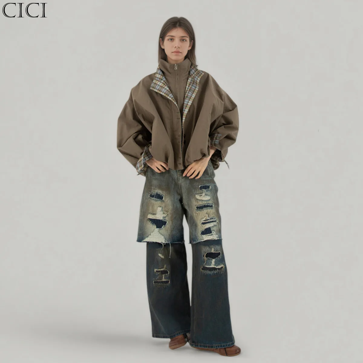 CiCi 2025 가을 겨울 레트로 컬러블록 체크 블레이저 코트 여성 패션 페이크 투피스 디자인 면 폴리에스터 혼방