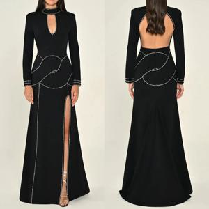 맞춤형 사이즈 가능 정교한 저지 라인스톤 A라인 하이 칼라 롱 드레스 맞춤형 행사 드레스 고품질