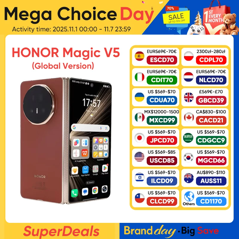 【브랜드+】HONOR 매직 V5 글로벌 버전 5G 폴더블 LTPO OLED 120Hz 디스플레이 7.92인치 50MP 카메라 스냅드래곤 8 엘리트 5820mAh 66W