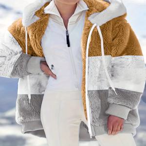 플러스 사이즈 가을/겨울 신상 여성용 가을/겨울 드롭숄더 긴팔 컬러 블록 패치워크 플리스 후드 재킷