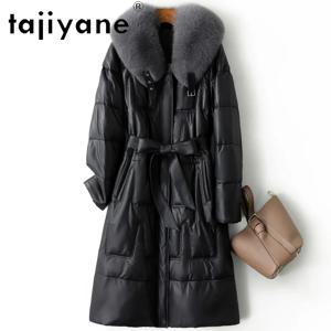 TAJIYANE 화이트 구스 다운 리얼 가죽 패딩 재킷 여성용 100% 양가죽 롱 다운 코트 폭스 퍼 칼라 겨울 의류 2025