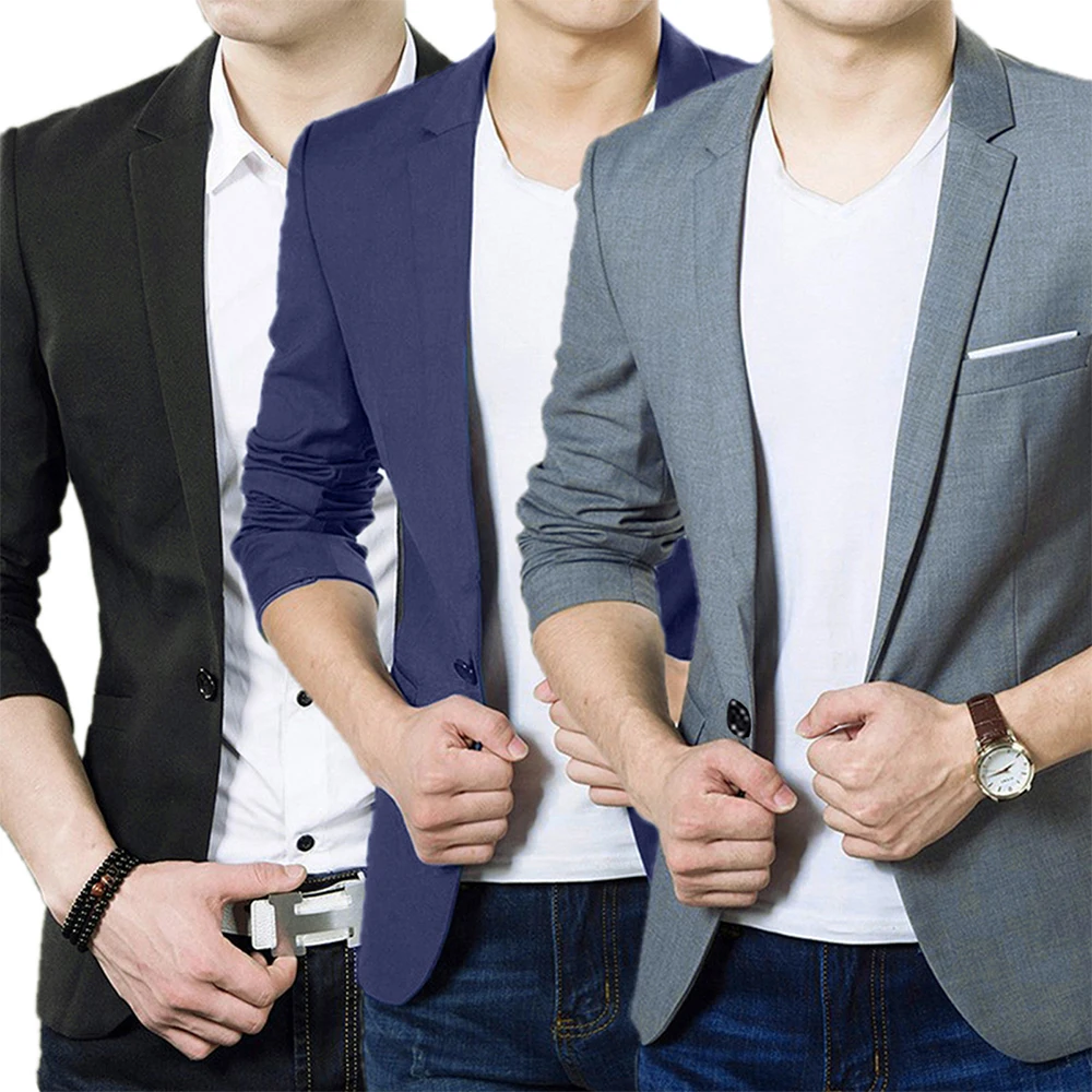 남성 블레이저 슬림 가을 정장 비즈니스 공식 파티 남성 정장 원 버튼 옷깃 캐주얼 긴 소매 주머니 탑 플러스 사이즈